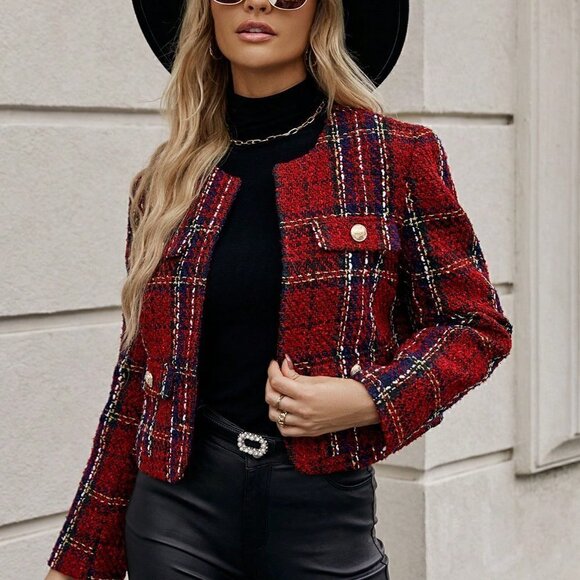 Red Preppy Womens Plaid Pattern Open Front Tweed Overcoat - Picture 2 of 5